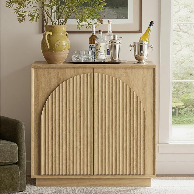 win2win Fluted Sideboard Buffet Cabinet with Storage, 31.5" Modern Boho Accent Cabinet with Double-Layered Arch Doors, Small Wood Console Credenza for Living Room, Dining Room, Entryway, Hallway, Oak