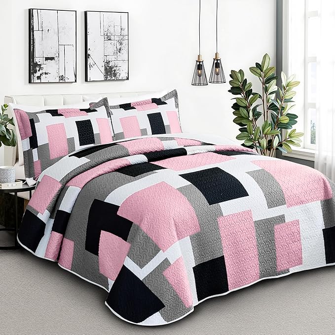 3 Piece Pink Grey Quilt Set King Size Pink Gray White Geometric Reversible Bedding Set Microfiber Lightweight Bedspread Coverlet with 2 Shams Modern Bed Cover for All Season, 106''x96''