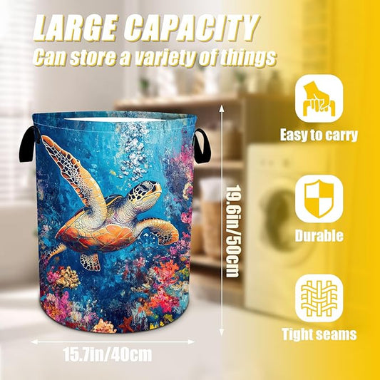 Colorful Sea Turtle Laundry Basket,Foldable Oxford Cloth Funny Tote Bag Laundry Hamper Clothes Storage Bucket Toy Organizer For Bathroom Laundry Storage Bedroom 18.9x16.5