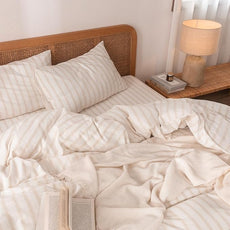 BESTOUCH Duvet Cover Set 100% Washed Cotton Linen Feel Super Soft Comfortable Chic Lightweight 3 PCs Home Bedding Set White & Almond Grey Stripes Queen
