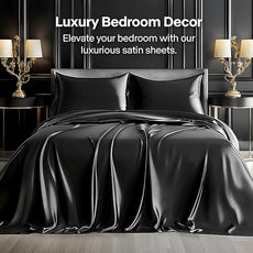 BEDELITE Satin Sheets Queen Size Bed Set, Luxury Soft Black Silky Sheets for Hair and Skin, Similar to Silk Bed Sheets Set 4 Pieces with 1 Deep Pocket Fitted Sheet, 1 Flat Sheet, and 2 Pillowcases