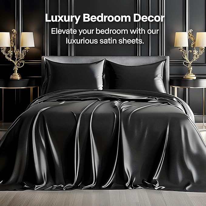 BEDELITE Satin Sheets Queen Size Bed Set, Luxury Soft Black Silky Sheets for Hair and Skin, Similar to Silk Bed Sheets Set 4 Pieces with 1 Deep Pocket Fitted Sheet, 1 Flat Sheet, and 2 Pillowcases