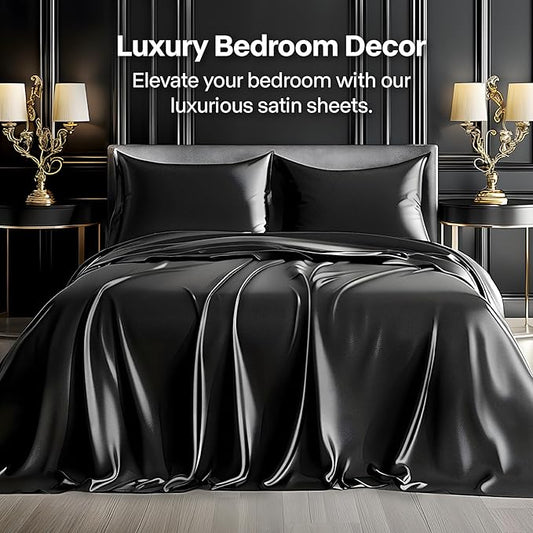 BEDELITE Satin Sheets Queen Size Bed Set, Luxury Soft Black Silky Sheets for Hair and Skin, Similar to Silk Bed Sheets Set 4 Pieces with 1 Deep Pocket Fitted Sheet, 1 Flat Sheet, and 2 Pillowcases
