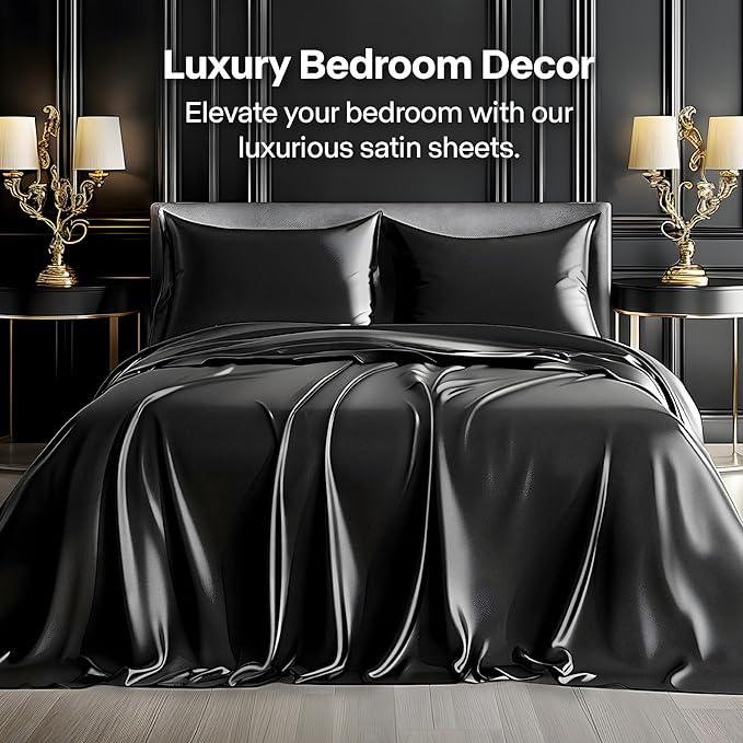 BEDELITE King Size Sheets Set, Luxury Soft Black Satin Sheets for Hair and Skin, Similar to Silk Bed Sheets Set 4 Pieces with 1 Deep Pocket Fitted Sheet, 1 Flat Sheet, and 2 Pillowcases