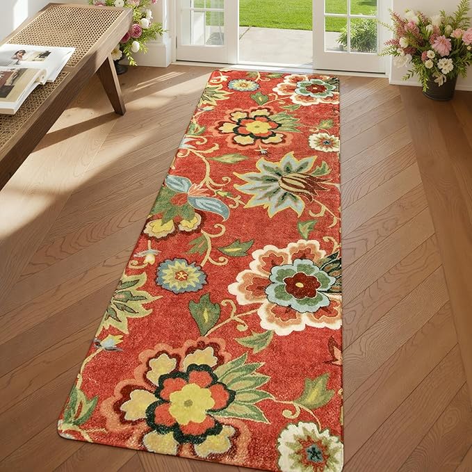 Lahome Floral 2x6 Washable Hallway Runner, Vintage Soft Non-Slip Carpet for Entryway Laundry Living RoomKitchen Runner Rug