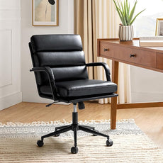 HULALA HOME Modern Faux Leather Home Office Chair with Tilt Lock & Metal Base, Desk Chair with Wheels & Padded Cushion, 360° Swivel Wide Seat Computer Task Chair, Black