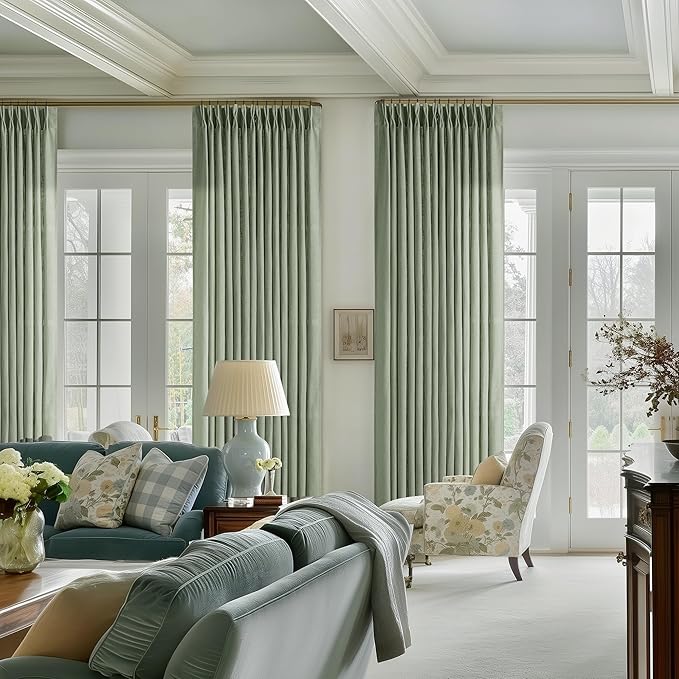 Green Linen Semi Sheer Curtains 90 Inches Long for Living Room Bedroom Light Filtering Sage Green Textured Burlap Pinch Pleated Curtains 90 Length Hooks Rings Back Tab for Sliding Door 2 Panels