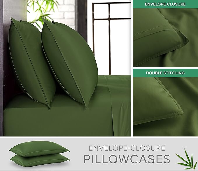 Pure Bamboo Twin Sheets, Genuine 100% Organic Viscose Derived from Bamboo Bed Sheet Set, Luxuriously Soft & Cooling, Double Stitching, 2 Year Quality Promise (Twin, Pesto)