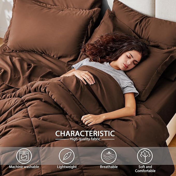 Love's cabin Queen Comforter Set Brown, 7 Pieces Queen Bed in a Bag, All Season Bedding Sets with 1 Comforter, 1 Flat Sheet, 1 Fitted Sheet, 2 Pillowcase and 2 Pillow Sham
