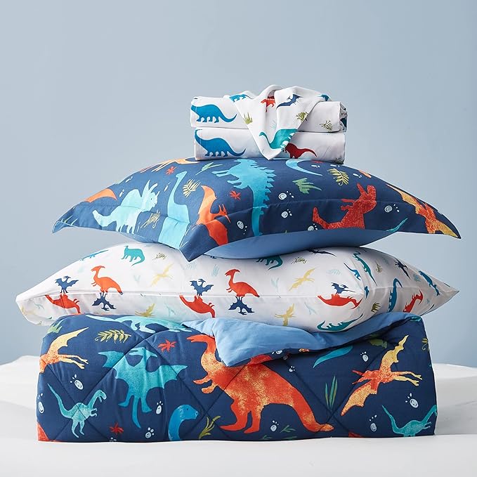 Dinosaur Kids Bedding Set for Boys, 5 Pieces Twin Size Comforter Set with Sheets, Super Soft Lightweight Bed in a Bag, Durable Children Bed Set