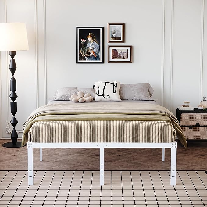 18 Inch California King Bed Frames Heavy Duty Metal Platform No Box Spring Needed, Maximum Storage, Easy to Assembly, Noise Free, White