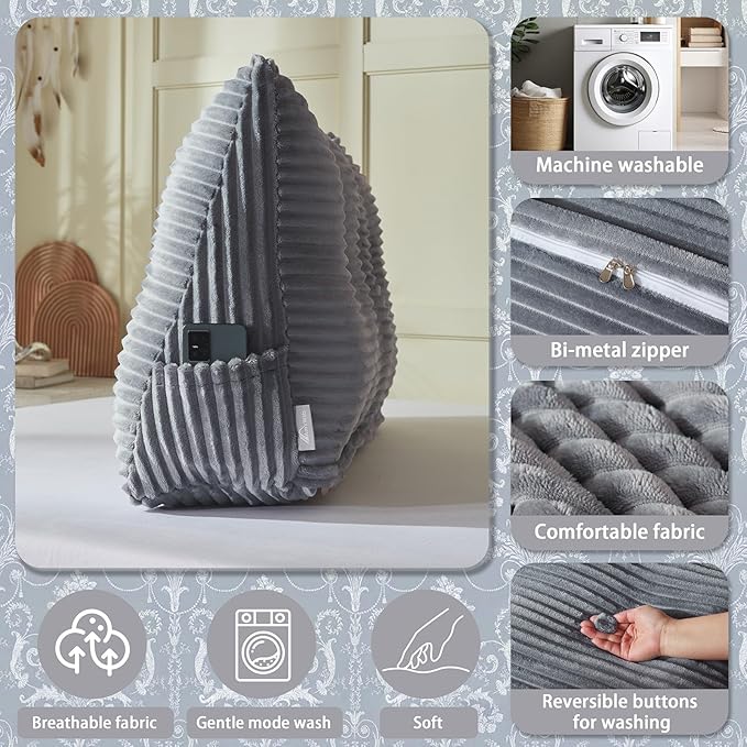 Headboard Wedge Pillow + A Long Neck Roll Pillow Body Pillow，Large Headboard Pillow with Removable Cover (Blue-Gray, King：76x8x20 inches)