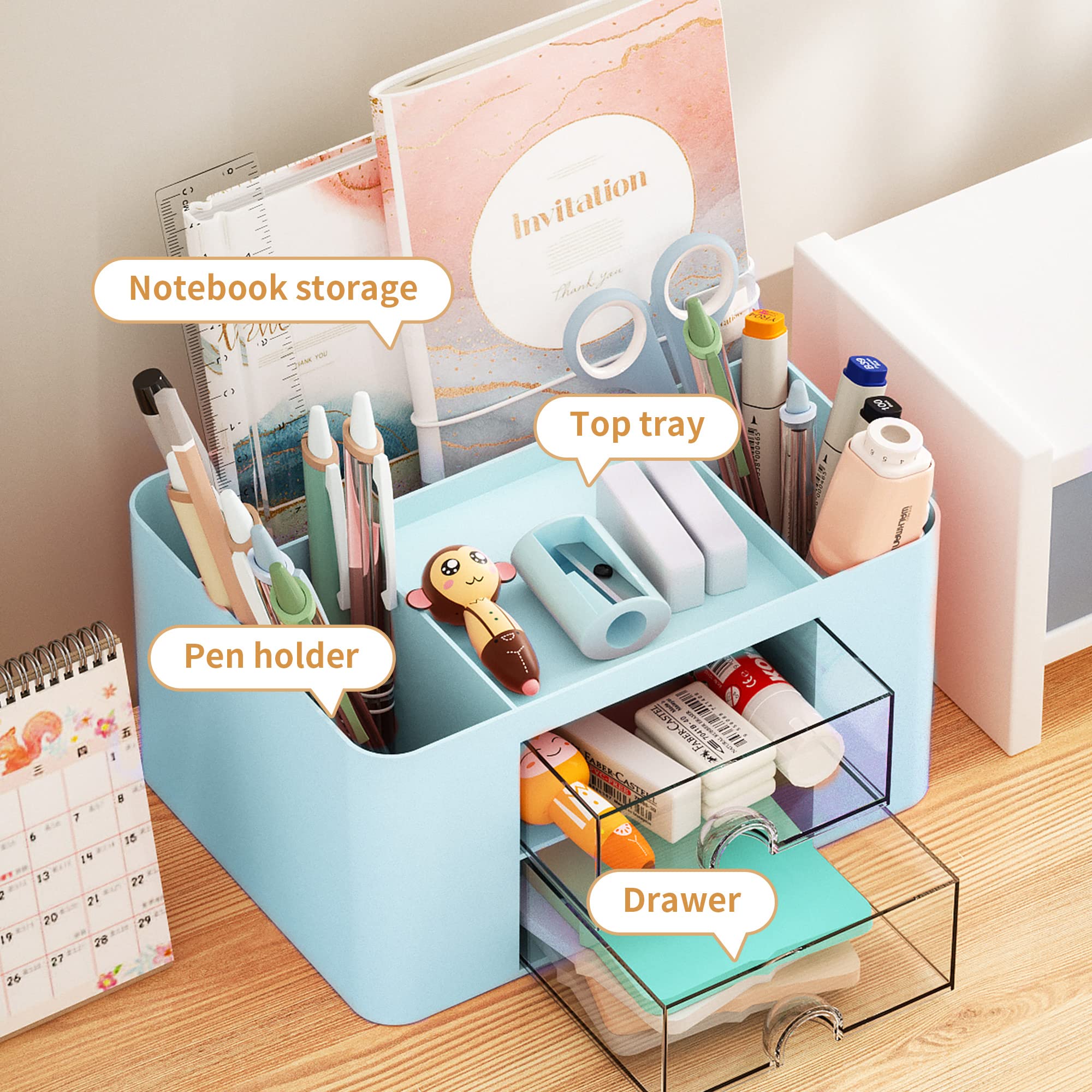 Marbrasse Pen Organizer with 2 Drawer, Multi-Functional Pencil Holder for Desk, Desk Organizers and Accessories with 5 Compartments + Drawer for Office Art Supplies (Blue) Dormly
