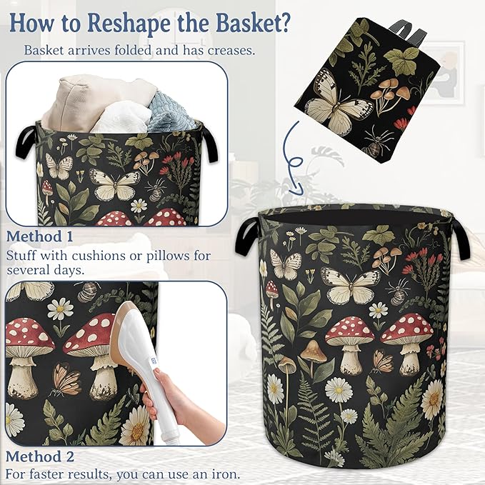 Red Mushroom Laundry Basket,Foldable Oxford Cloth Butterfly Plant Herb Laundry Hamper With Handle, 20.8"x16" Portable Clothes Storage Basket Bag for Laundry Room/Bathroom/Bedroom/Dormitories