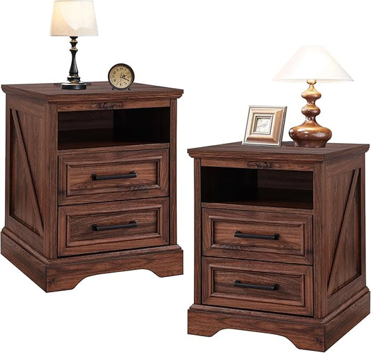 ACCOHOHO 18" Farmhouse Nightstand Set of 2 with Charging Station,End Table with 2 Drawers Storage,Side Table,Bedside Cabinet for Bedroom,Living Room, Brown