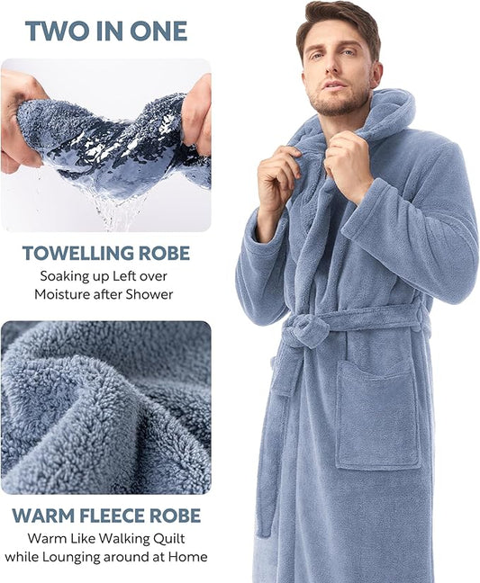 DAVID ARCHY Men's Hooded Robe Soft Coral Fleece Microfiber Bathrobe