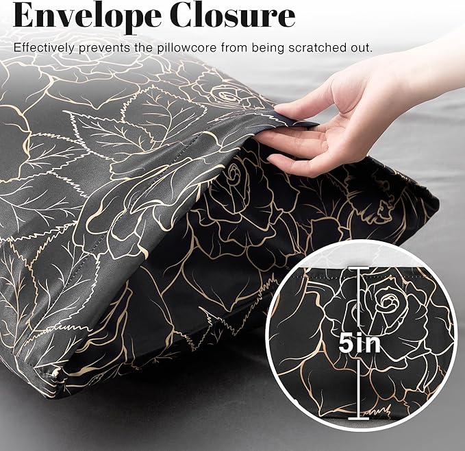 EXQ Home Satin Pillowcase for Hair and Skin Queen - Printed Rose on Black Silk Pillowcase 2 Pack 20x30 inches - Satin Pillow Cases Set of 2 with Envelope Closure, Gifts for Women Men