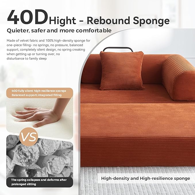 Convertible Sleeper Sofa with Cylindrical Pillow, Modern Corduroy Futon Bed, Modular Sofa with Pull-Out Bed, Love Seat Sleeper for Living Room, Small Space Apartment, Office (Orange)