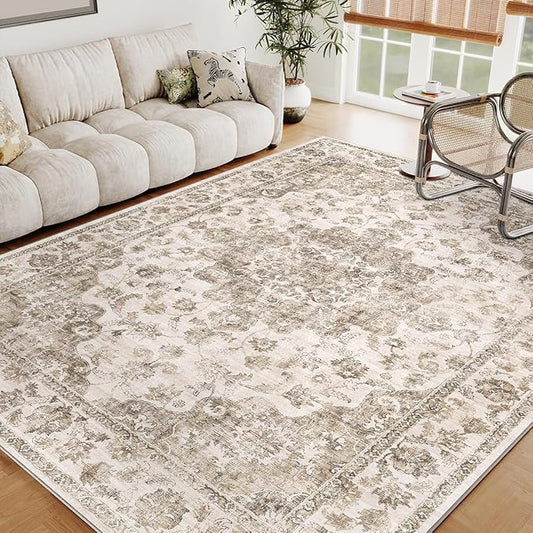 5x7 Washable Neutral Area Rug Brown Vintage Living Room Bedroom Carpet Non-Slip Soft Low Pile Floral Indoor Throw Rug for Dining Room Entryway Office