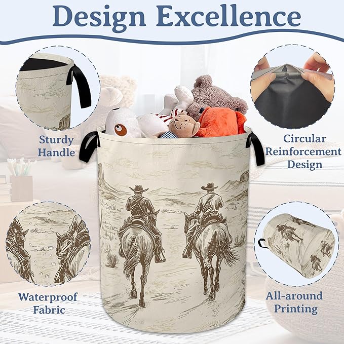 Western Cowboy Laundry Hamper With Handle,Foldable Oxford Cloth Horse Desert Laundry Basket,20.8"x16" Clothes Storage Basket for Laundry Room/Bedroom/Bathroom