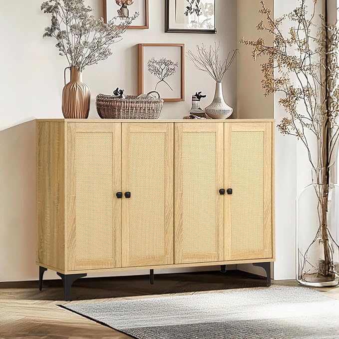 Rattan 2-Door Storage Cabinet Buffet - Boho Small Sideboard with Adjustable Shelves for Pantry Kitchen Entryway, Natural Weave 23.6" W x 15" D x 33.3" H