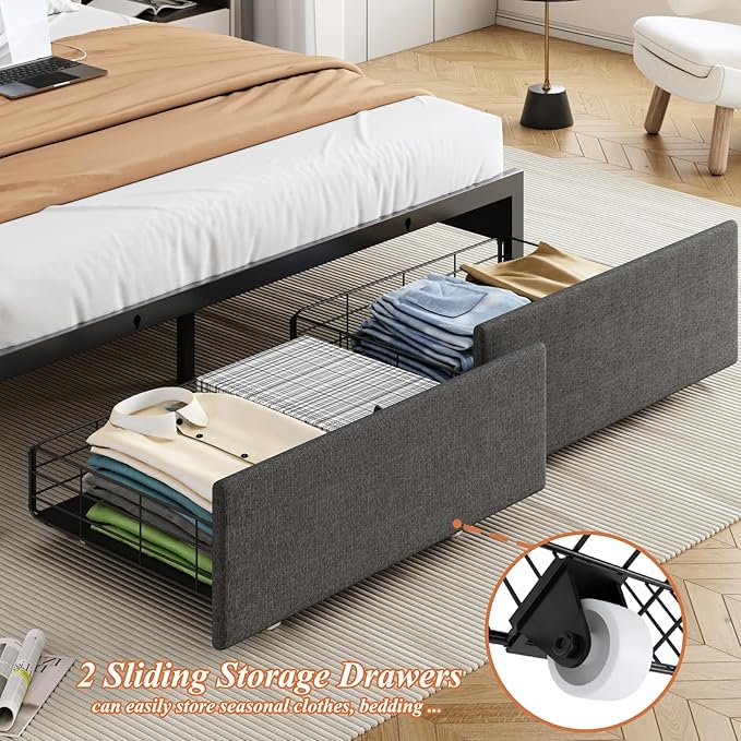 Full Size Bed Frames with Storage Headboard and 2 Drawers, Upholstered Button Linen Platform Bed Frame Full with Led Lights and Charging Station, No Box Spring Needed, Easy Assembly, Noise Free, Gray