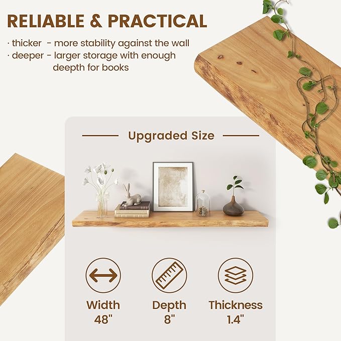 Live Edge Elm Floating Shelves for Wall Decor, Rustic Solid Wood Shevles Wall Mounted with Invisible Bracket for Living Room Bathroom Bedroom Kitchen, 48 Inch Set of 1, Natural
