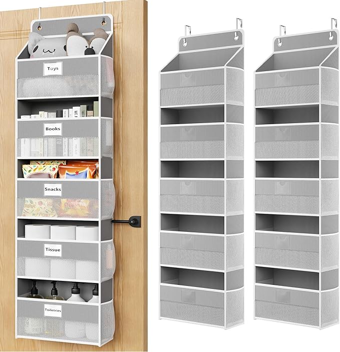 Over The Door Organizer Hanging, 2 Pack 5 Shelf Behind The Doors Storage, Pantry Door Organizer, Closet Organizers for Bedroom and Nursery (Grey)