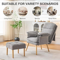 Modern Adjustable Accent Chair with Ottoman, Soft Fabric Reading Chair with Adjustable Backrest and Pillow, Comfy Lounge Chair with Armrests for Living Room, Bedroom, Apartment, Office, Dorm,Grey
