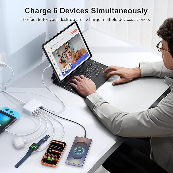 USB C Fast Charger, 100W GaN 6 Port Type Charging Station Hub Block Cube, Wall Charger Power Strip Adapter Plug for iPad iPhone 16 15 14 13 12 Pro Max Pixel Note Galaxy, 5ft Cord