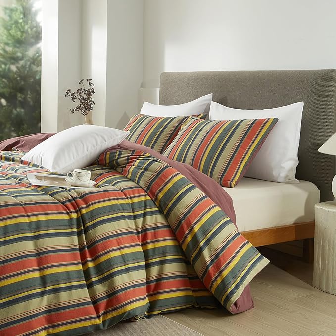 VM VOUGEMARKET Multicolor Striped Duvet Cover Queen Size Washed Cotton Stripes Bedding Duvet Cover Set - Cozy Boho Stylish Bedding Set for Men & Women