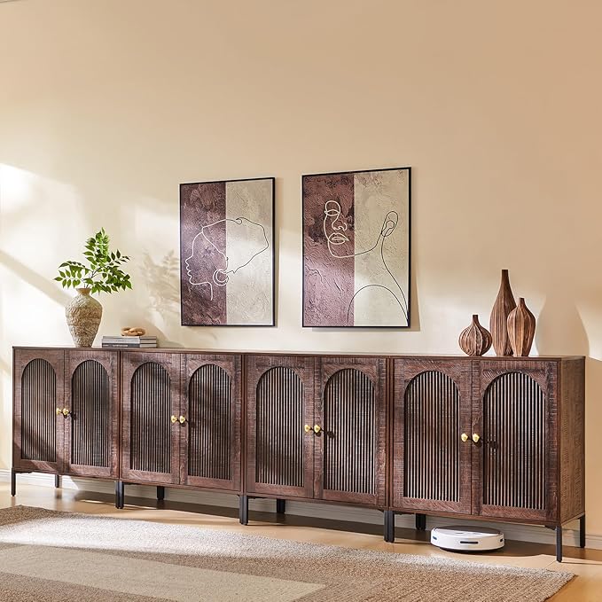 Bathroom Cabinet with Storage, 123.5" W Fluted Arched Free Standing Floor Cabinet w/Adjustable Shelves, Modern Sideboard Cabinet for Bathroom, Kitchen, Living Room, Entryway, Brown