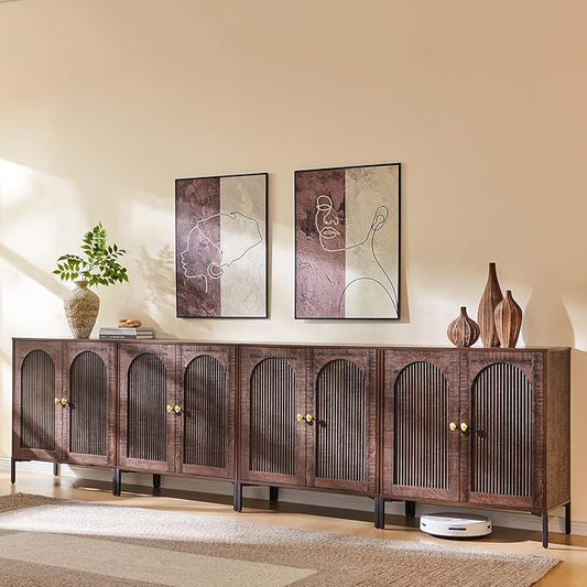 Bathroom Cabinet with Storage, 123.5" W Fluted Arched Free Standing Floor Cabinet w/Adjustable Shelves, Modern Sideboard Cabinet for Bathroom, Kitchen, Living Room, Entryway, Brown