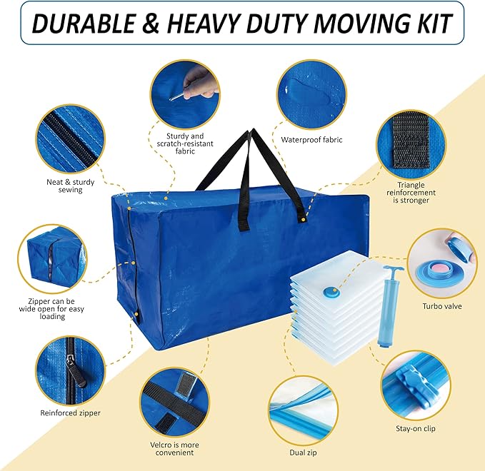 16 Pack Heavy Duty Extra Large Moving Bags with Backpack Straps & Large Vacuum Storage Bags Moving Supply Combo, Moving Totes with Handles & Zippers for Space Saving, Fold Flat, Includes Vacuum Bags