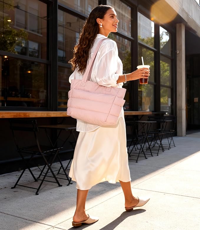 Puffer Tote Bag for Women, Cute Quilted Carryall with Zippered Compartments Shoulder Bag Handbag for Work, Travel, Gym