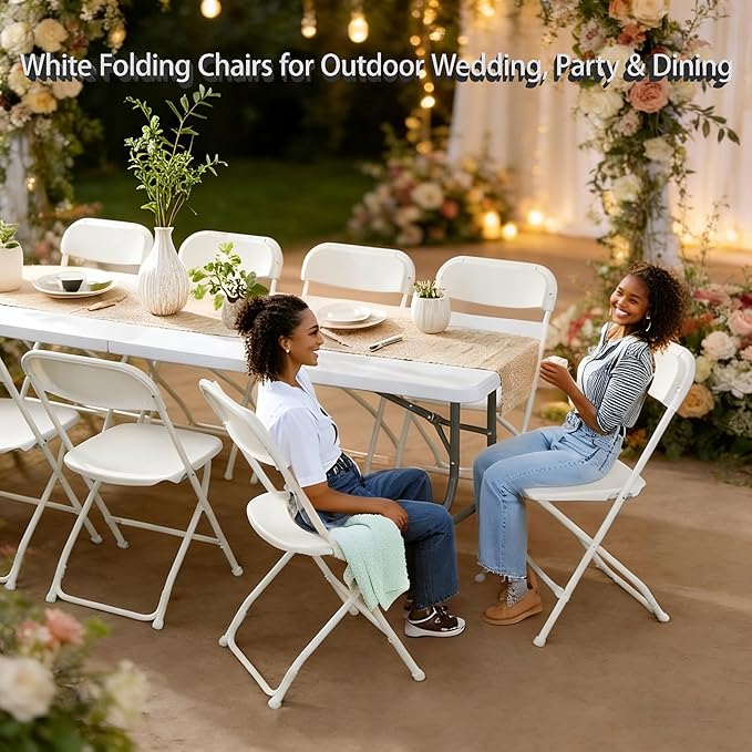 SHGJ&SOFT Set of 20 Folding Chairs, Plastic Seat and Backrest, White Metal Frame Chair, Suitable for Indoor and Outdoor,Capacity 350 lbs (White, 20-Pack)