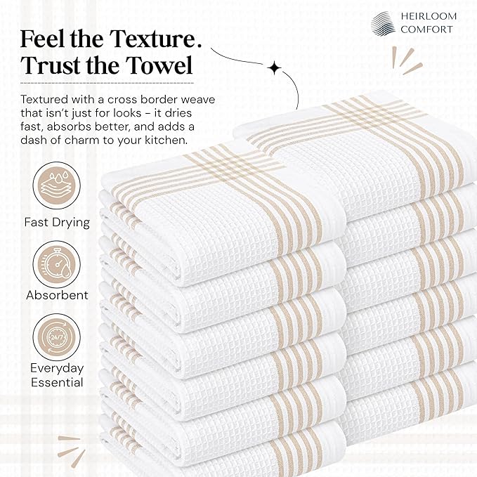 Beige and White Waffle Kitchen Towels 5 Pack, 100% Cotton, 16x26 Inch, Ultra Absorbent, Fast Dry Dish Towels, Reusable Dishcloths for Drying, Cleaning, Kitchen Use