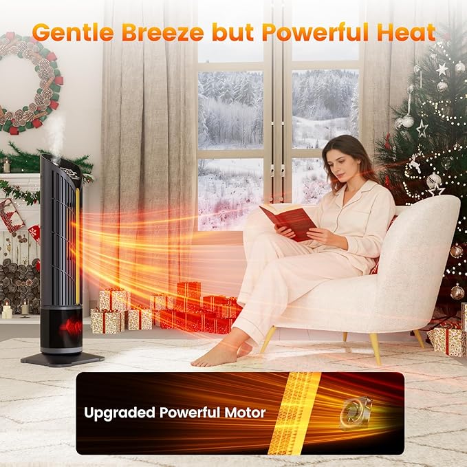 VCJ 28" Space Heaters with Humidifier, 12H Timer Electric Heater for Indoor Use, Remote, 120° Oscillation, Overheat & Tip-Over Protection, Quiet Portable Tower Heater for Bedroom Living Room Garage
