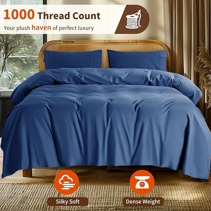 LBRO2M 1000 Thread Count 100% Cotton Sheets Set,King Size Bed Sheet 4 Piece Sets,Long Staple,16 Inches Deep Pocket,All Season,Bedding Super Soft Comforterble Breathable,Sateen (Navy Blue)