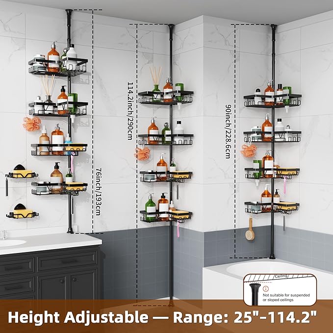 KEGII Shower Caddy Corner Tension Pole with 2 Suction Cup Soap Dishes, Rustproof 4-Tier Adjustable Bathroom Organizer, No-Drill Shower Storage Rack for, Fits 25–114.2 Inch, Black