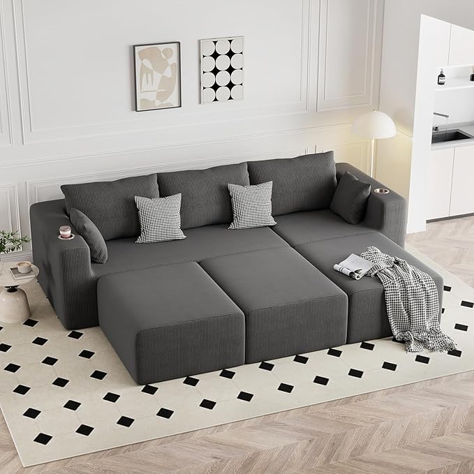 Furnimart 112" Oversized Modular Sectional Sleeper Sofa with 3 Ottoman, Boneless Cloud Couch Bed 3 Seater with Chaise for Living Room, Modern Convertible Sleeper Couch, No Assembly, Corduroy Dark Grey