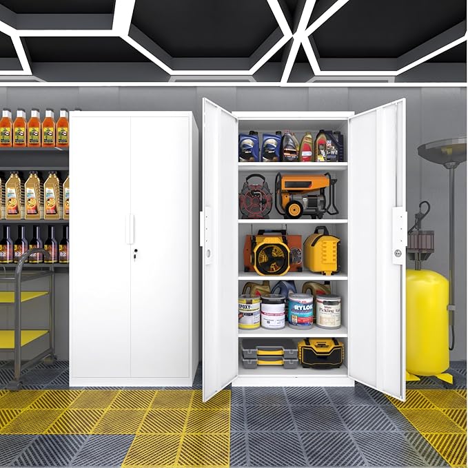 72" Metal Storage Cabinet with Doors and Adjustable Shelves,Locking White Storage Cabinet with Lock,Office,Gym,School,Home