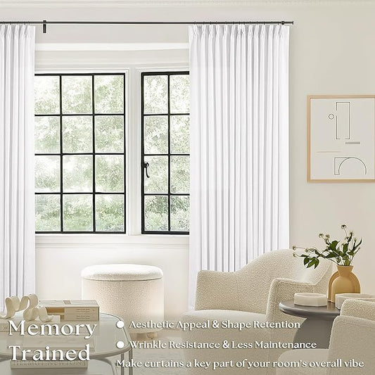 Custom Pinch Pleated 105 Inch Curtains 2 Panels Set for Windows White Linen Blend Curtains Pinch Pleat Back Tab Privacy Light Filtering Boho Drape with Hooks and Rings for Living Room Bedroom