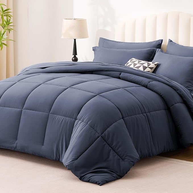 Love's cabin King Size Comforter Set Indigo Blue, 7 Pieces King Bed in a Bag, All Season Bedding Sets with 1 Comforter, 1 Flat Sheet, 1 Fitted Sheet, 2 Pillowcase and 2 Pillow Sham