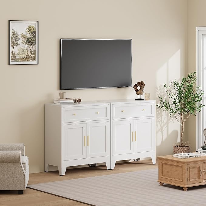 Metal Buffet Cabinet,White Coffee Bar Cabinet,Small Buffet Sideboard Cabinet,Coffee Cabinets with Storage,Short Kitchen Pantry Cabinets for Dining Room,Living Room