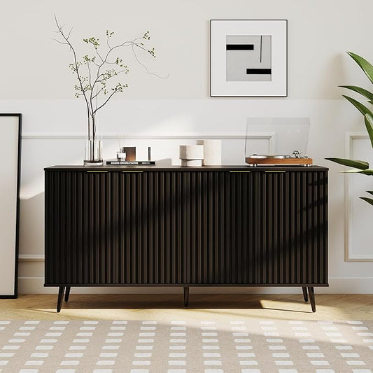 COCO DESIGN 61" Buffet Sideboard with Fluted Panel Doors, Power Outlet & Adjustable Shelves, Storage Cabinet with Metal Legs, Modern Farmhouse Console for Kitchen Dining Living Room Entryway, Black