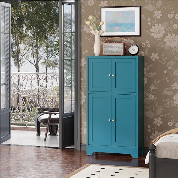Blue Bathroom Storage Cabinet,Metal Bathroom Cabinet,Navy Blue Storage Cabinets,Bathroom Floor Cabinet with 2 Adjustable Shelves&4 Doors
