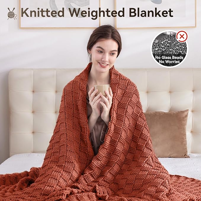 Knitted Weighted Blanket Adult, No Beads Heavy Blanket 48” x 72'' 15lbs, Breathable Chunky Knit Blanket, Cooling Weighted Blanket for Hot Sleepers, Christmas Home Decor (Orange)