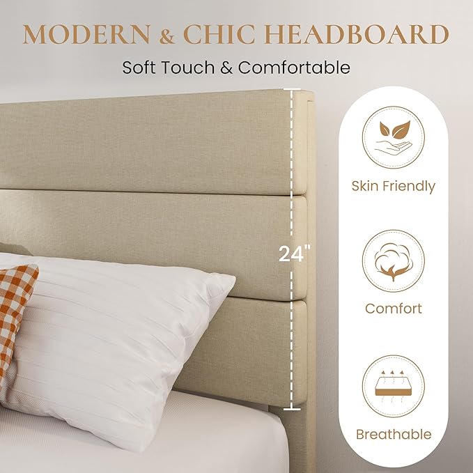 SHA CERLIN Twin Platform Bed Frame with Upholstered Fabric Headboard, Mattress Foundation with Strong Wooden Slats Support, No Box Spring Needed, Beige