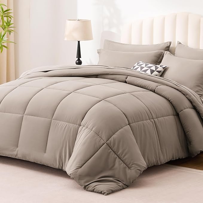 Love's cabin King Size Comforter Set Light Brown, 7 Pieces King Bed in a Bag, All Season Bedding Sets with 1 Comforter, 1 Flat Sheet, 1 Fitted Sheet, 2 Pillowcase and 2 Pillow Sham